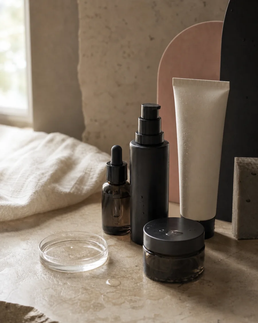 Editorial still life of unbranded skincare products on a daylight worktable