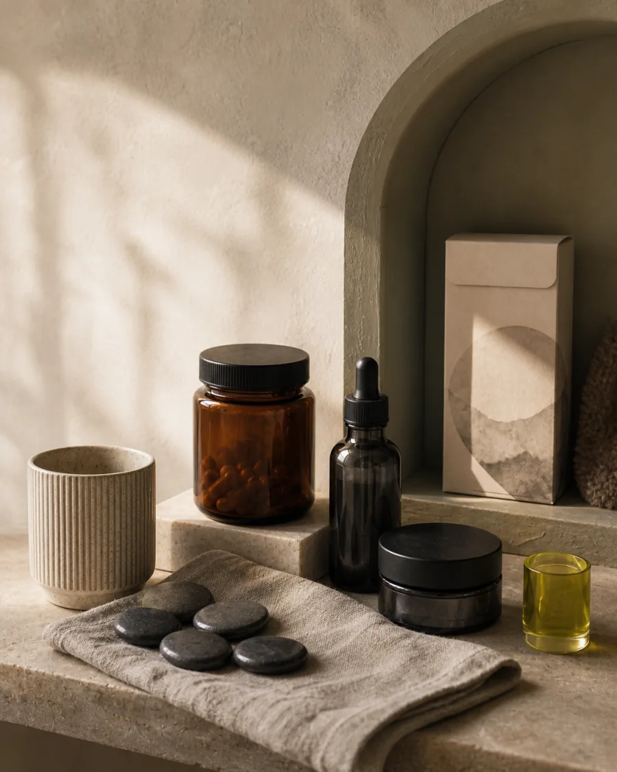 Editorial still life of unbranded wellness products arranged as a daily ritual